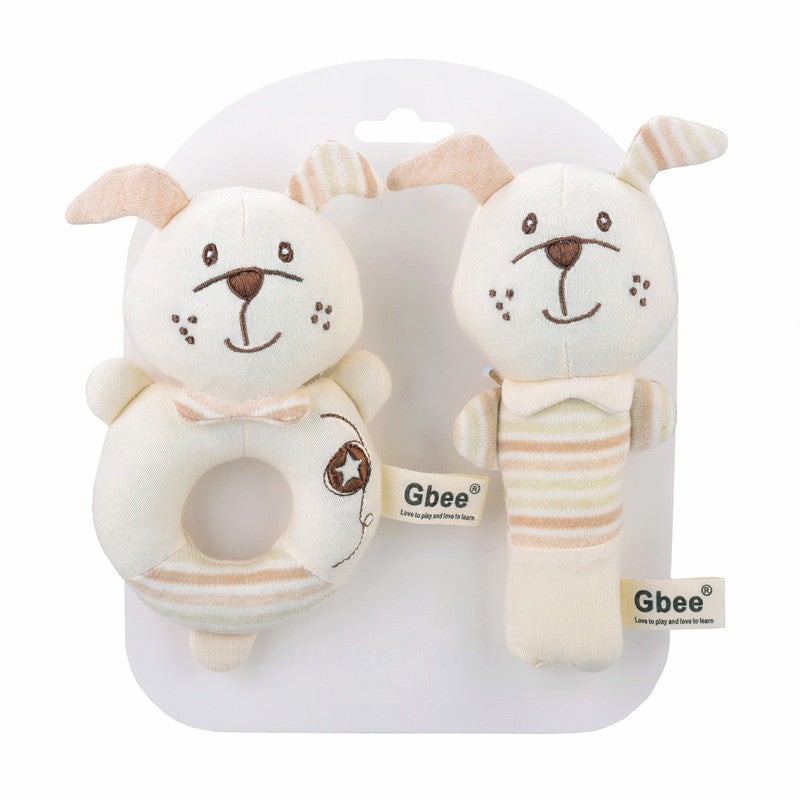 Poupée apaisante bébé en forme de chien, set de 2 avec hochet et anneau, jouet d'activités pour bébé 0-3 ans.