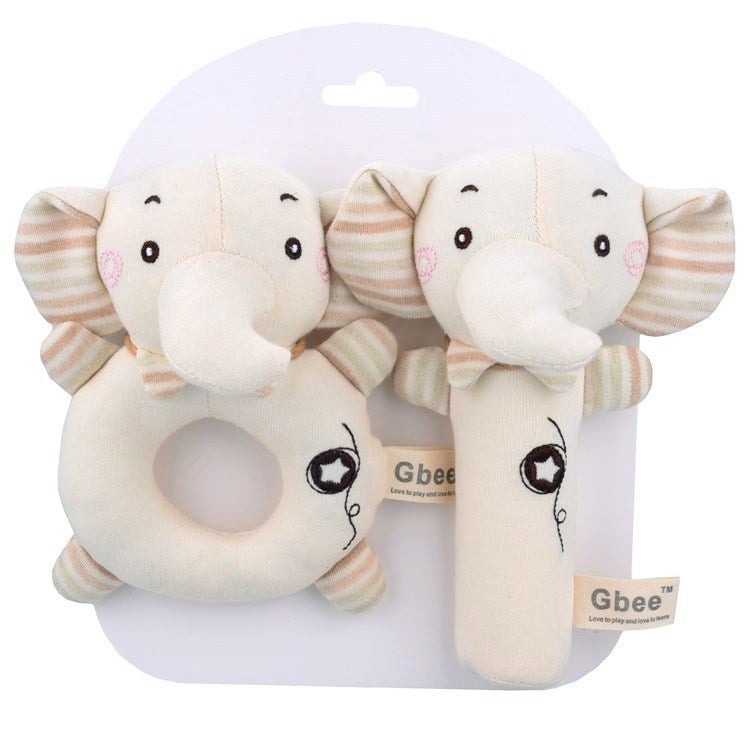Poupée apaisante bébé en forme d'éléphant, set de 2 avec hochet et anneau, jouet d'éveil doux pour nourrisson 0-3 ans.