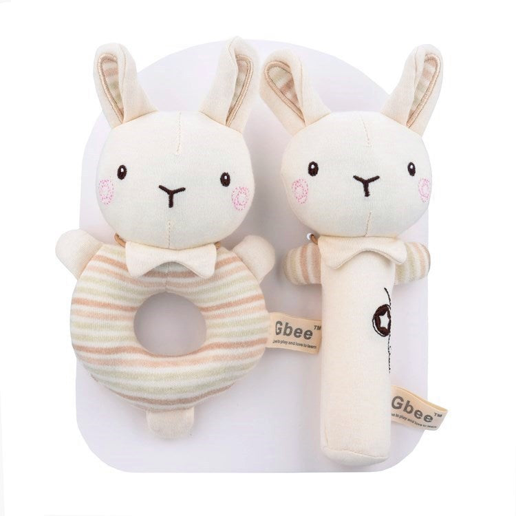 Poupée apaisante bébé en forme de lapin, set de 2 avec hochet et anneau, jouet doux pour nouveau-né 0-3 ans.