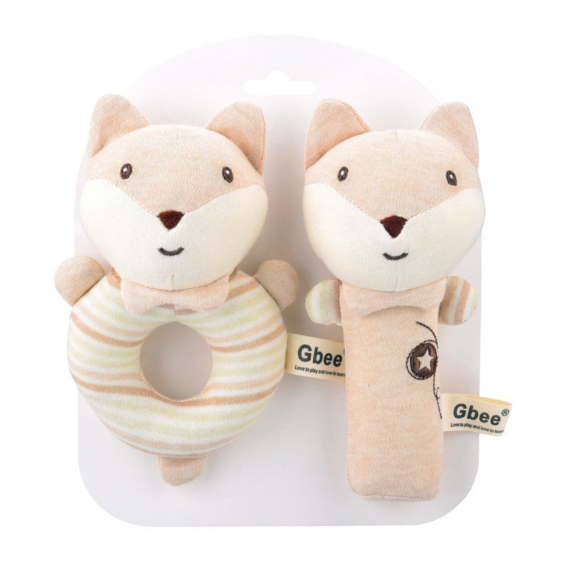Poupée apaisante bébé en forme de renard, set de 2 avec hochet et anneau, jouet en tissu pour bébé 0-3 ans.