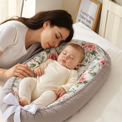 Mère et bébé dormant paisiblement côte à côte dans un réducteur de lit bébé gris à motifs floraux, offrant un sommeil sécurisé et confortable.