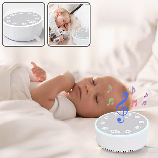 Veilleuse bruit blanc près d'un bébé endormi, montrant le port de chargement USB.