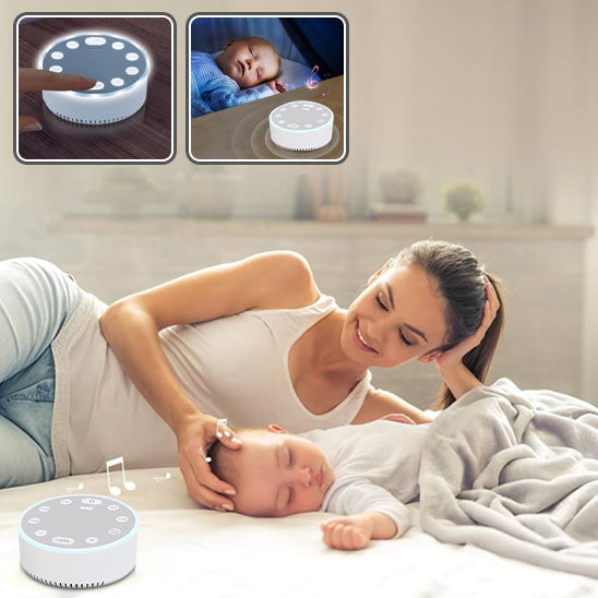 Détail des boutons tactiles de la veilleuse bruit blanc et son utilisation facile à côté d'un bébé endormi.