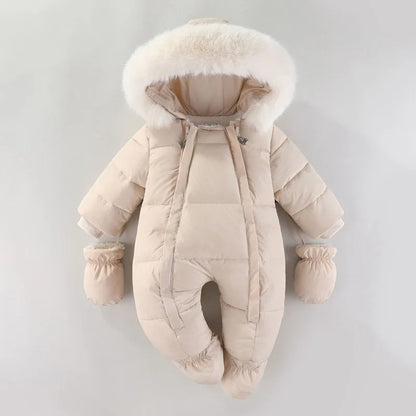 Combinaison hiver bébé fille beige crème avec capuche fourrée