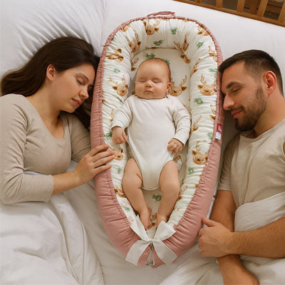 Parents et bébé dormant paisiblement ensemble dans un réducteur de lit bébé rose à motifs de cerfs, illustrant le confort et la sécurité du cododo.