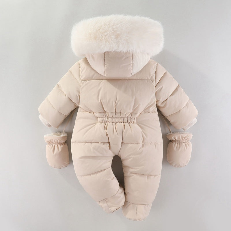 Vue arriere combinaison bebe beige avec gants et capuche