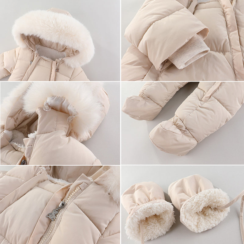 combinaison bebe beige Capuche fourrure gants fermeture