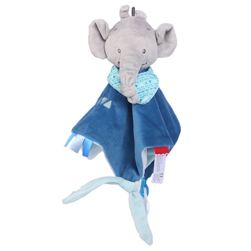 Doudou éléphant bébé bleu avec carré de tissu et rubans, stimulant sensoriel