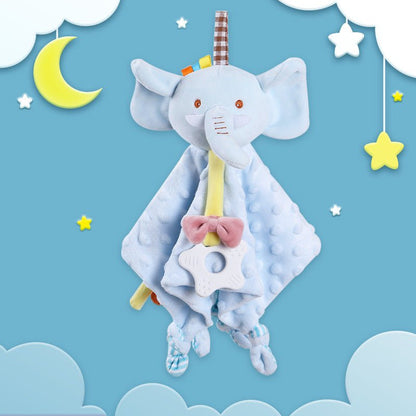 Doudou éléphant bébé bleu clair avec hochet et anneau de dentition, pour l'éveil