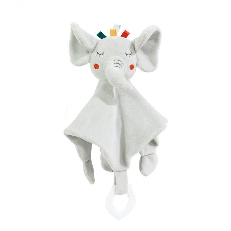 Doudou éléphant bébé gris clair avec hochet et anneau de dentition, pour l'éveil