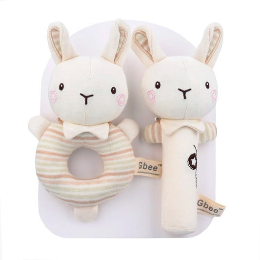Poupée apaisante bébé en forme de lapin, set de 2 avec hochet et anneau, jouet doux pour nouveau-né 0-3 ans.